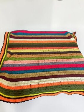 Vintage Hand Crocheted Rainbow Stripe Afghan Blanket 80x84